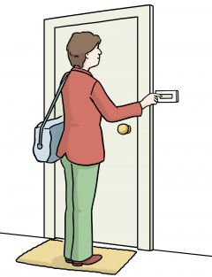 Zeichnung von einer Pflegeperson die vor einer Tür steht und klingelt